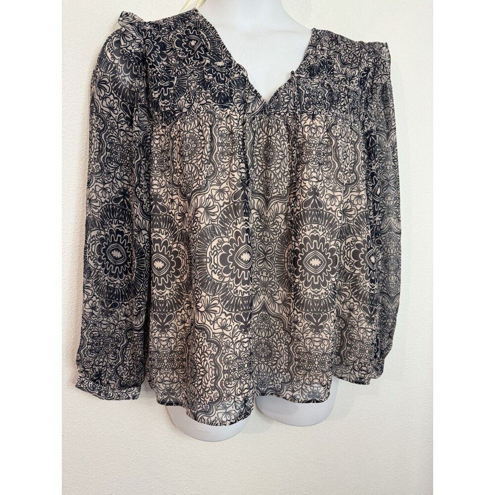 LOFT Women's Blouse Long Sleeve Floral Split V-Neck Peasant Size XL Ruffle EUC